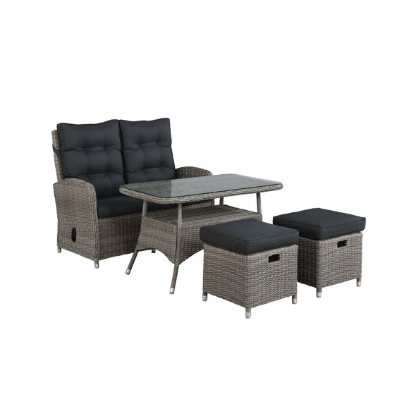 Monaco All-Weather 4-Piece Set with Two-Seat Reclining Bench, 26"H Cocktail Table and Two Ottomans