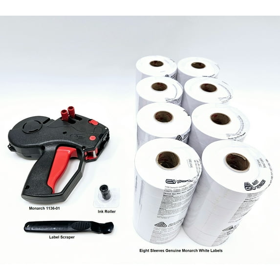 Monarch 1136-01 Price Gun Including Labels (White, 8 Sleeves) Ink Rollers & Scraper - Two Line Labeler