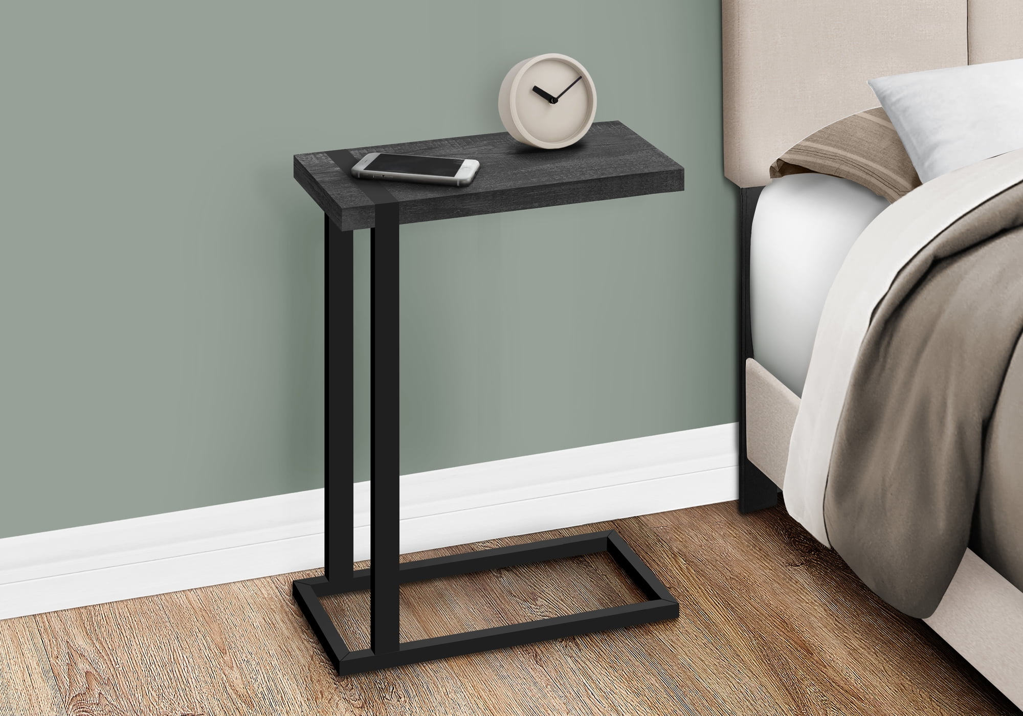 Black Reclaimed Wood-Look Industrial C-Shaped Accent Table