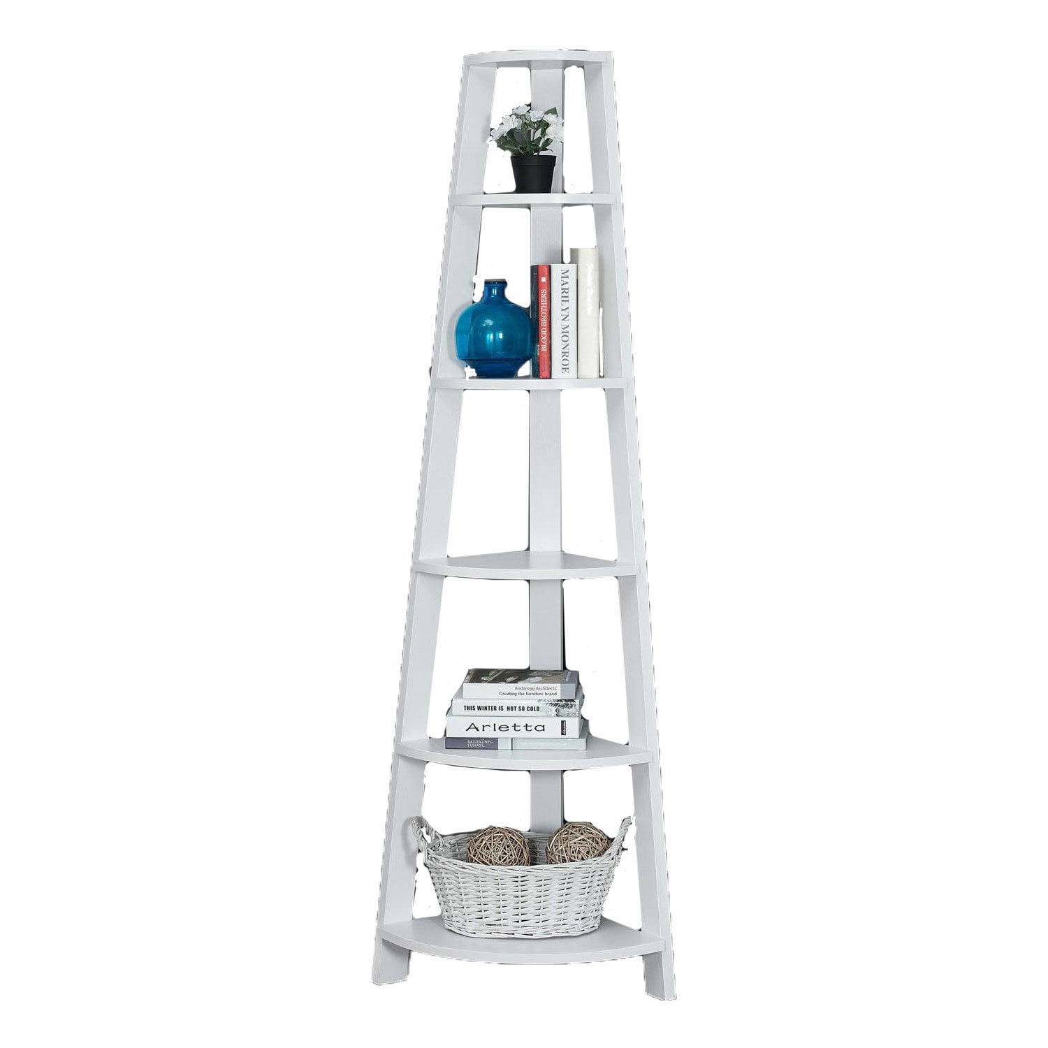 White 72" Tall Corner Etagere with Tray Shelves