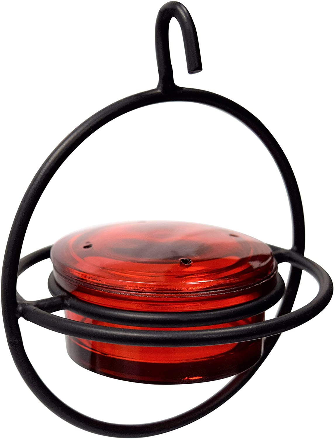 Circular Red Glass and Black Metal Hanging Hummingbird Feeder