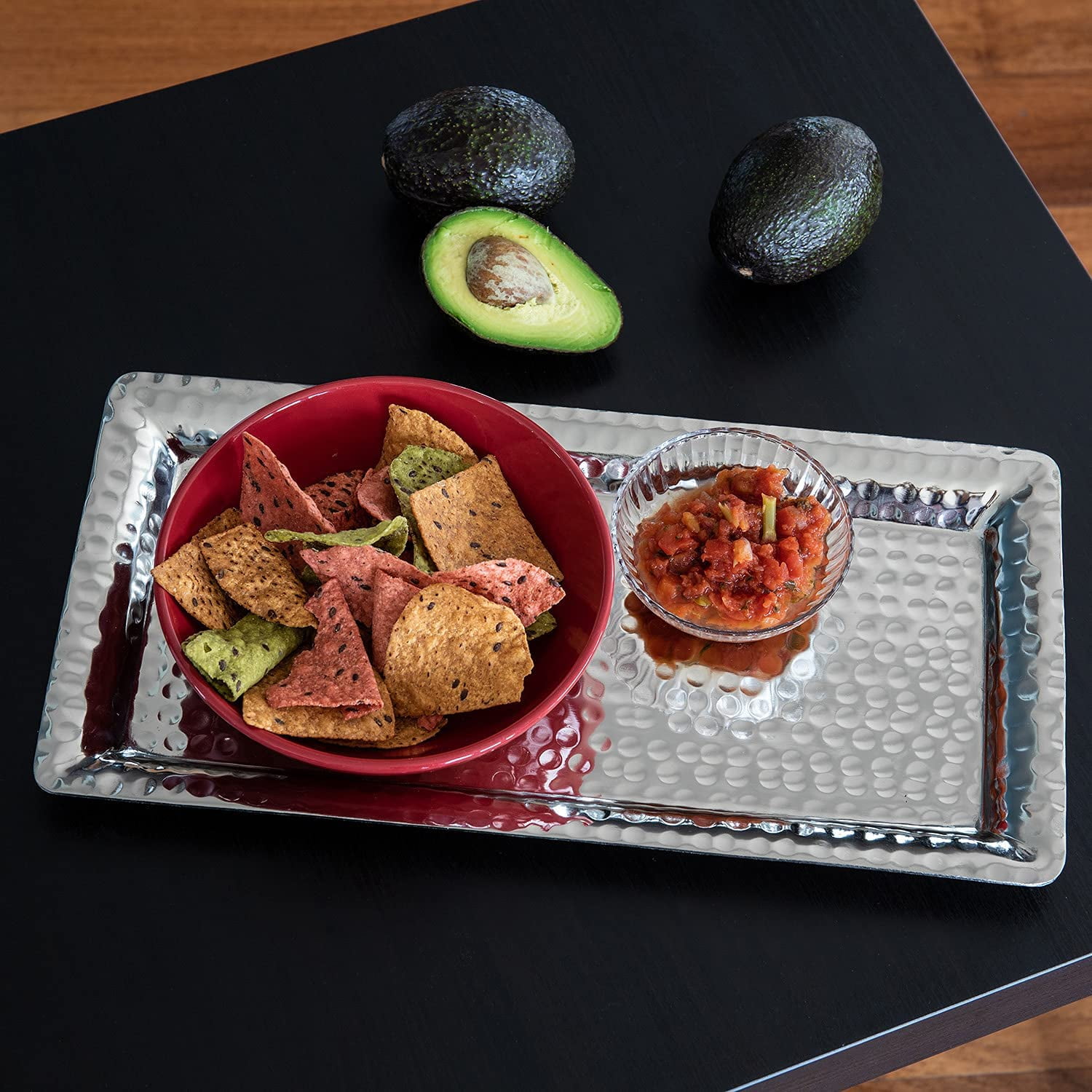 Hand Hammered Nickel Finish Aluminum Decorative Tray, 16 x 8 in