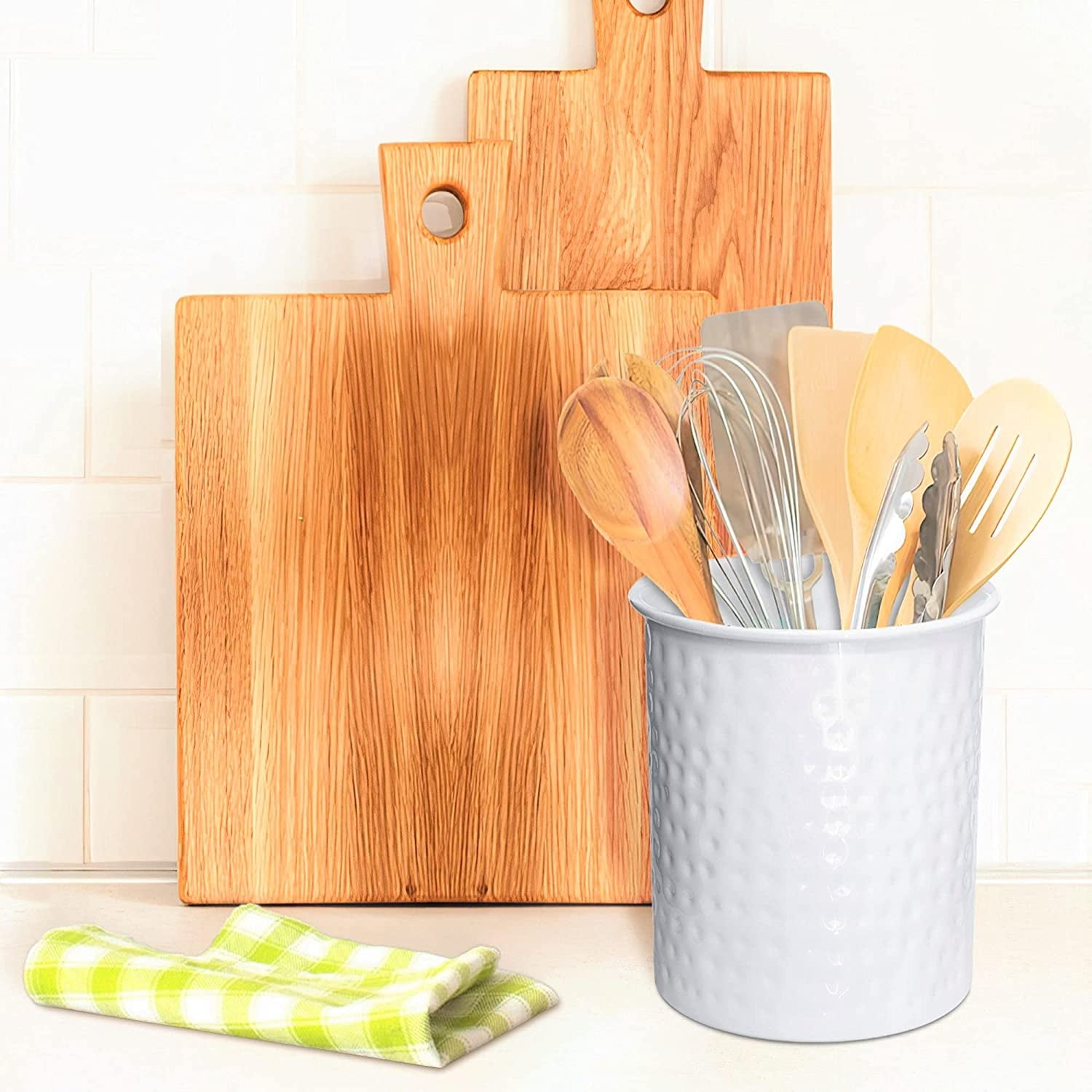 Ceramic Utensil Holder- Large Kitchen Utensil Holder with Bamboo Wooden  Base- Utensil Crock for Countertop- White Ceramic Cooking Utensil Organizer