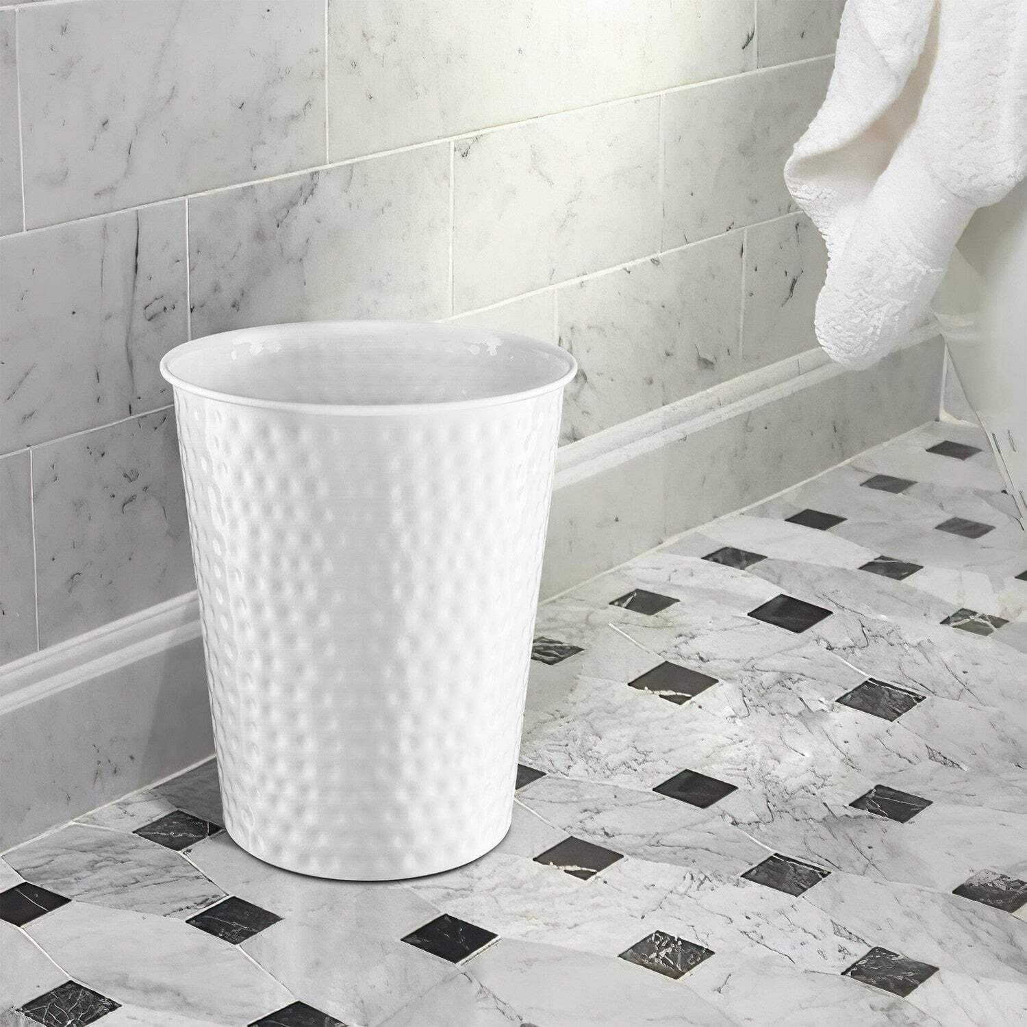 Classic White Hand Hammered Metal Bathroom Trash Can
