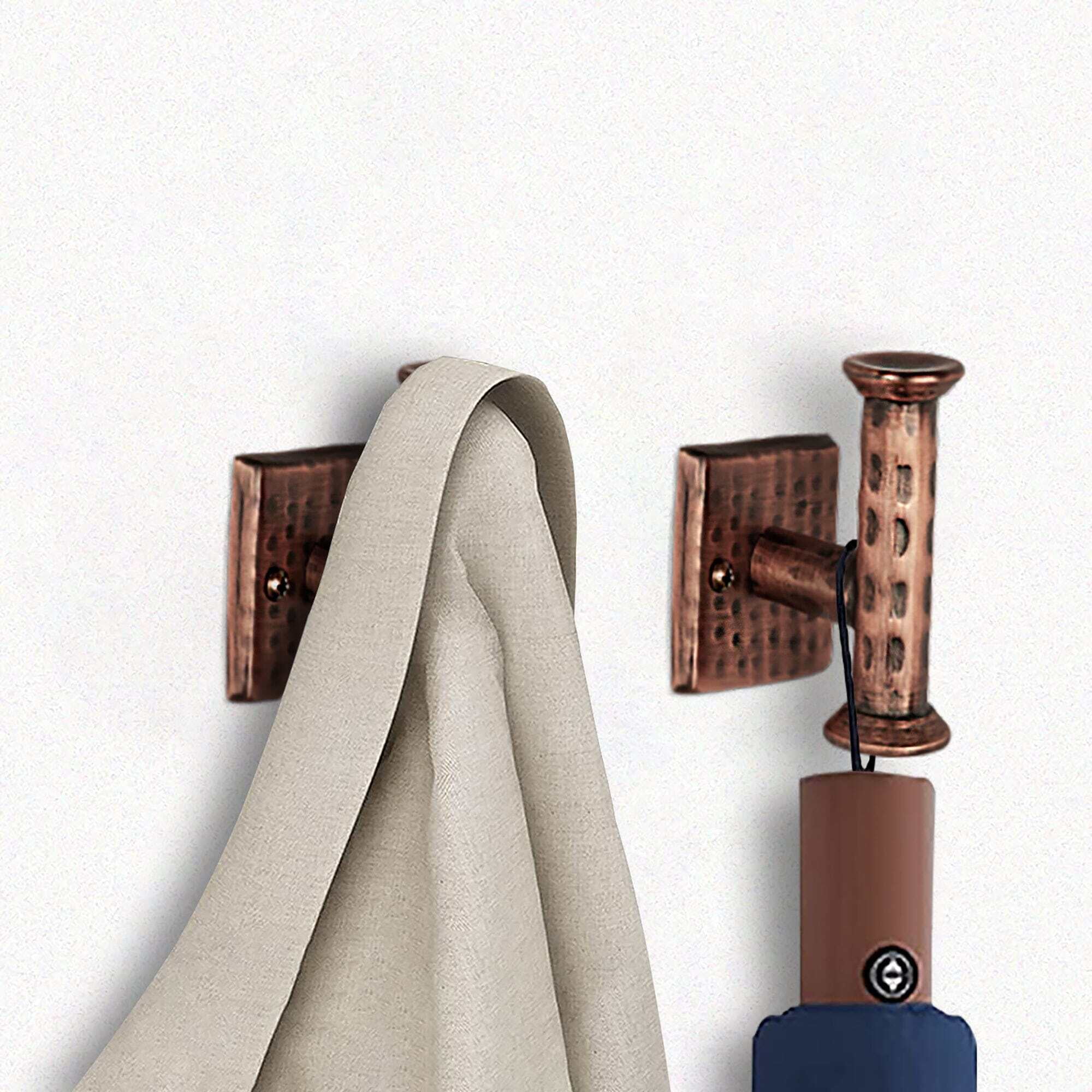 Antique Copper Hand Hammered Metal Multi-Purpose Wall Hooks, Set of 2