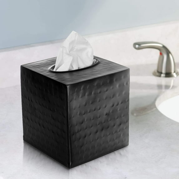 Monarch Abode Tissue Box Cover, Hand Hammered, Metal, Square Tissue Box Holder, Black