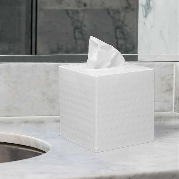 Monarch Abode Tissue Box Cover, Hand Hammered, Metal, Square Tissue Box Holder, White
