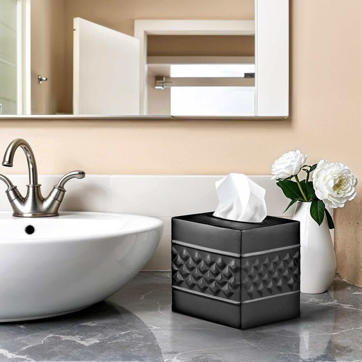 Black Geometric Embossed Metal Square Tissue Box Cover