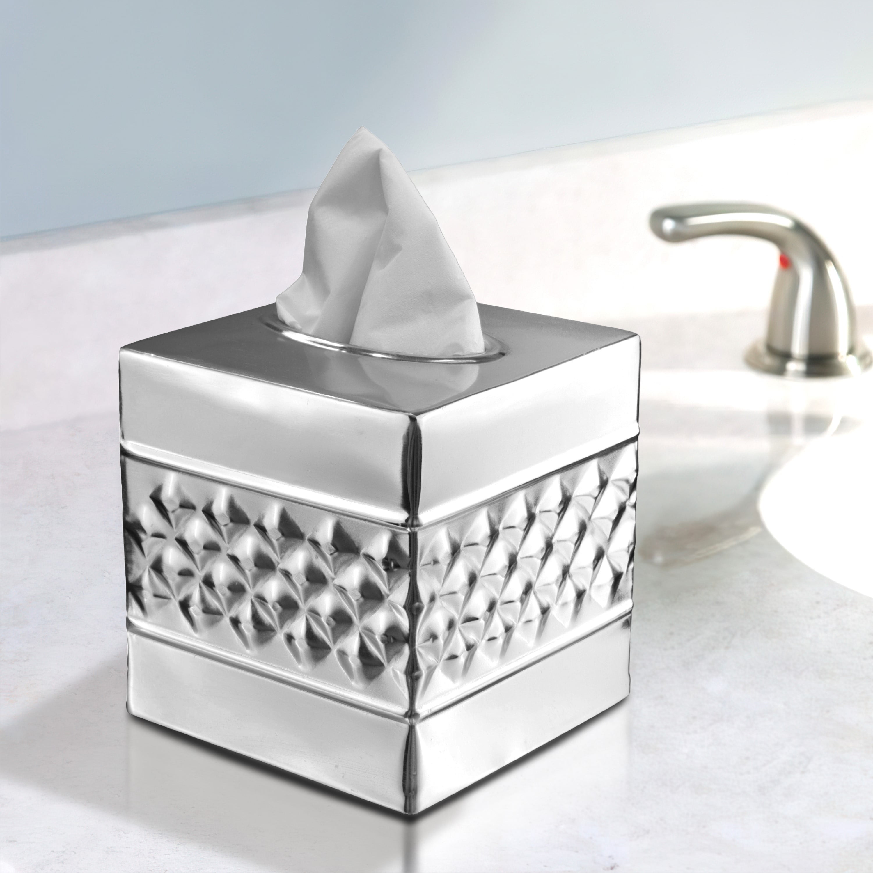 Nickel Chrome Geometric Embossed Metal Tissue Box Cover