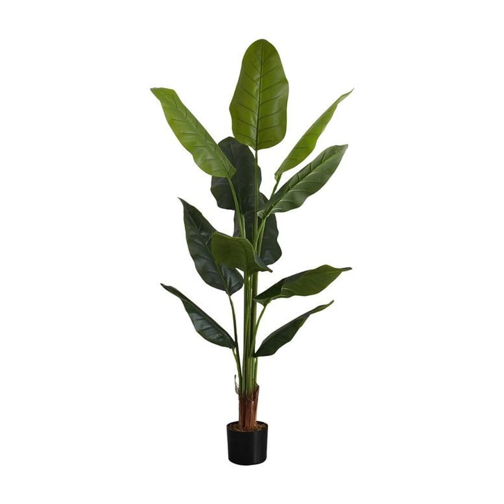 Tall Green Faux Strelitzia Floor Plant in Black Pot
