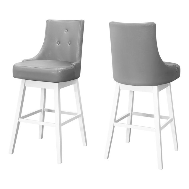 Monarch Bar Stool, Set Of 2, Swivel, Bar Height, White Wood, Grey Leather Look