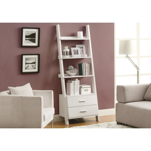 Monarch 4-Shelf Ladder Bookcase w/ 2 Storage Drawers, White