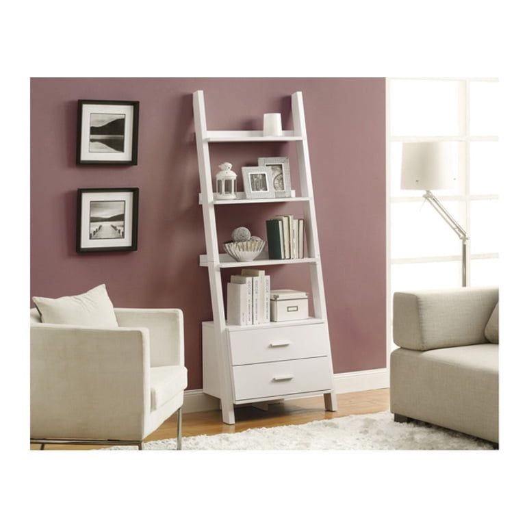 Contemporary White Wood Ladder Bookshelf with Storage Drawers