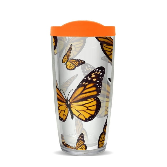 16 Oz Monarch Butterflies on Clear Insulated Tumbler Orange Lid