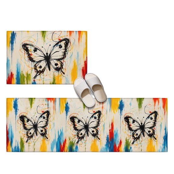 Monarch Butterfly 2 Pieces Non-Slip Kitchen Mat Set, Black Butterfly Silhouette Color Splatters Boho Soft Door Mat with Rubber Backing, Dirtproof Rugs for Entrance Doorway, 23.6x35.4in+23.6x70.9in