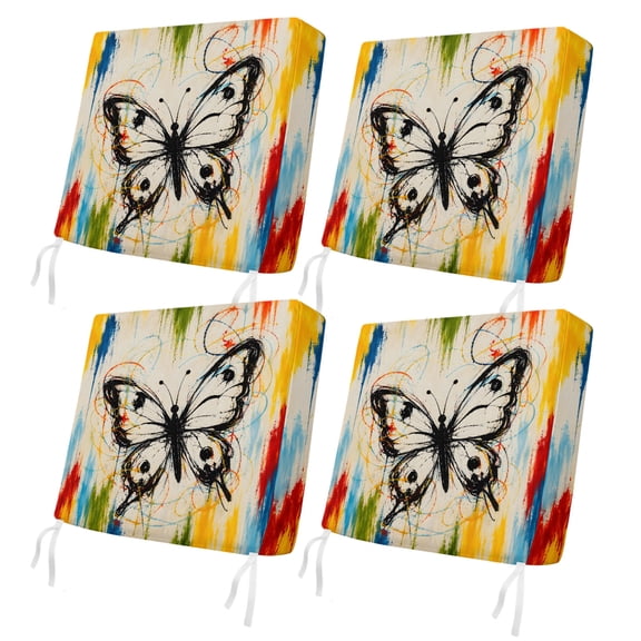 Monarch Butterfly 4 Pcs Patio Cushion Covers, Black Butterfly Silhouette Color Splatters Boho Waterproof Outdoor Cushion Cover, Replacement Washable Sofa Chair Seat Cover with Zipper 22"x22"x4"