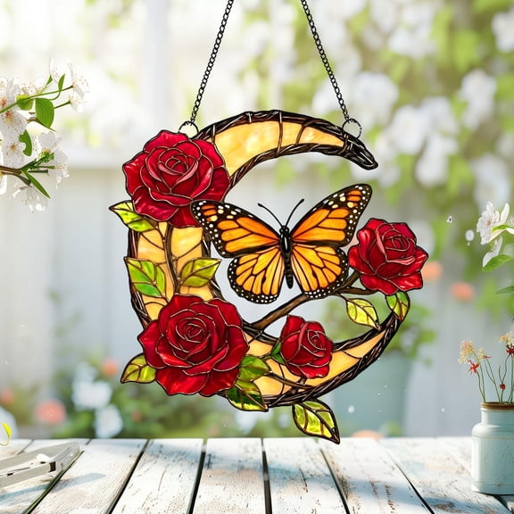 Monarch Butterfly Acrylic Suncatcher, Butterfly Rose Stained Glass Window Hangings, Unique Mother's Day gift, Gift for Mom