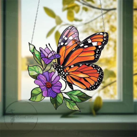 Monarch Butterfly Acrylic Suncatcher Purple Floral Window Hanging Home Decor