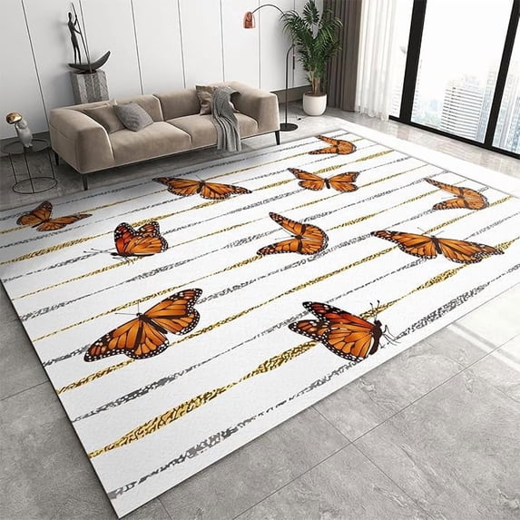 Monarch Butterfly Animal Deco Large Area Rug, Gold and Silver Powder ...