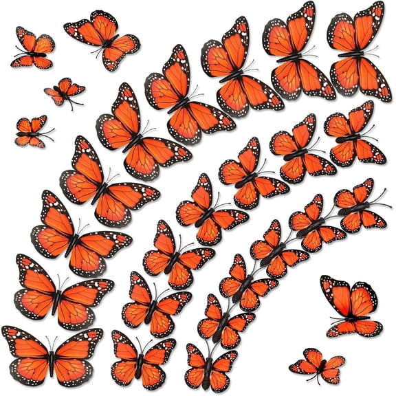 Monarch Butterfly Decorations, 60 Pcs 3D Artificial Monarch Butterfly 3 Sizes Orange Fake Butterflies Wall Decal for Home Party Day of The Dead Halloween Autumn Wedding Bedroom Craft Decor