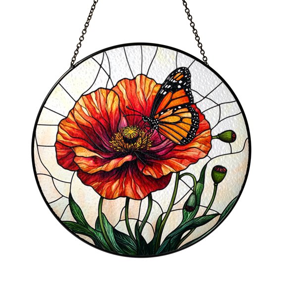 Monarch Butterfly Faux Stained Glass Window Decor with Poppy Flowers, Nature Inspired Suncatcher Hanging