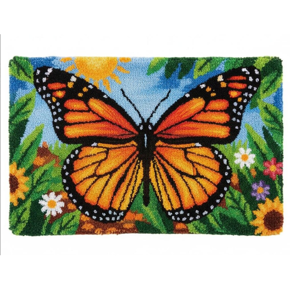 Monarch Butterfly Floral Garden Latch Hook Rug Kit, Sunflower Daisy Nature Rectangle Floor Mat DIY Craft Set