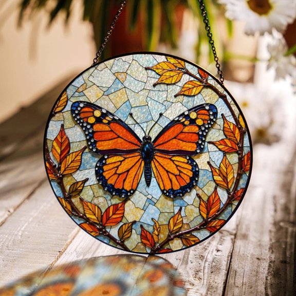 Monarch Butterfly Glass Suncatcher, Round Window Decor, for Nature Lover, 3.5 in