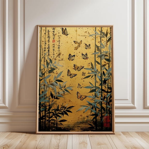 Monarch Butterfly Golden Illustration Bamboo Asian Inspired Wall Art, Unframed Canvas 12x16in
