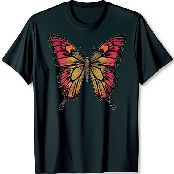 Monarch Butterfly Graphic T-Shirt Intricate Red & Yellow Design on Dark Green Tee