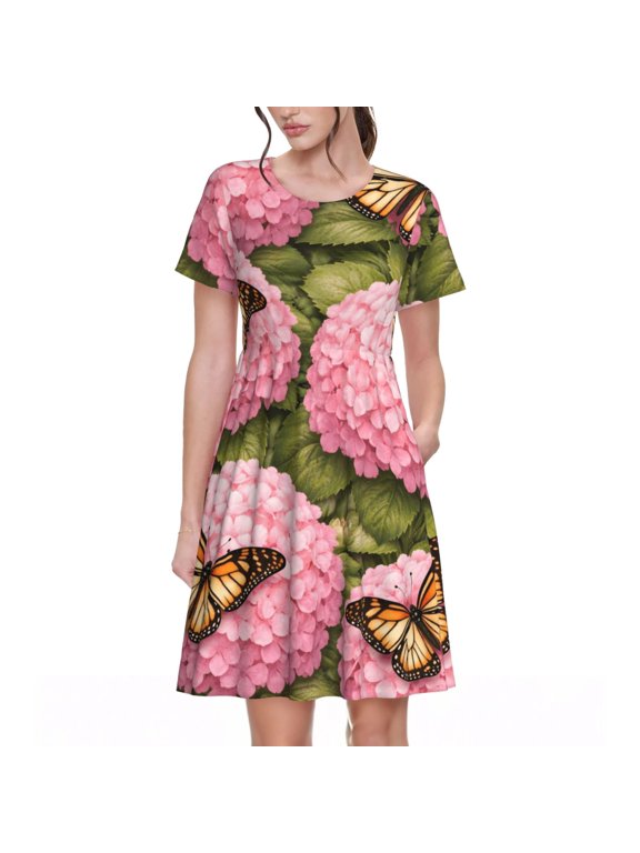 Monarch Butterfly Hydrangea Garden Women's Dresses Short Sleeve Nightdresses for Summer