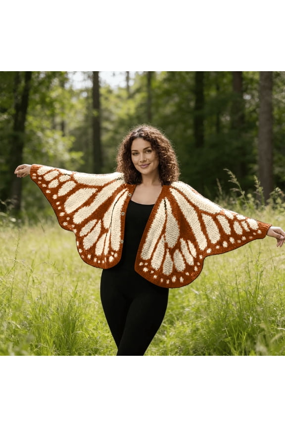 Monarch Butterfly Knit Cardigan, Open Front Crochet Butterfly Cardigan Sweater with Button, Butterflies Wing Pattern Coverup(Brown)