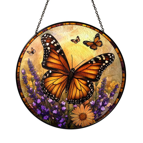 Monarch Butterfly Lavender Stained Glass Suncatcher Window Art, Soft Floral Nature Design Panel