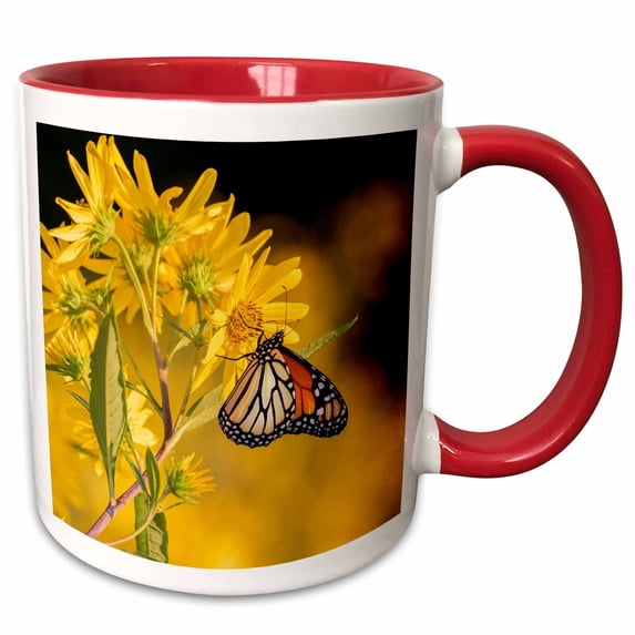 3drose, Monarch Butterfly on Butterweed. Prairie Ridge Natural Area, Illinois, 15oz Two-tone Red Mug