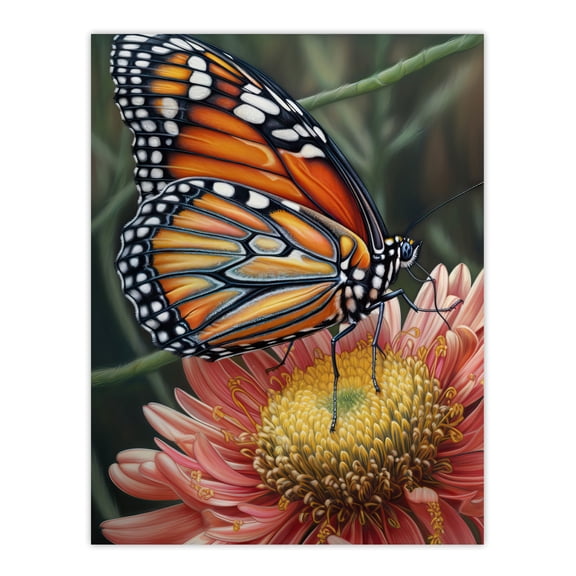 Monarch Butterfly On Chrysanthemum Flower Pencil Spring Bloom With Insect Macro Close-Up Wing Pattern Vibrant Colourful Bright Floral Modern Artwork Unframed Wall Art Print Poster Home Decor Premium