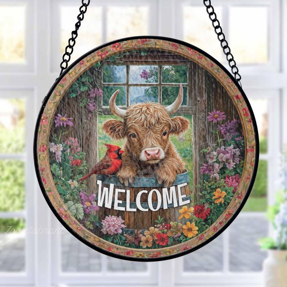 Highland Cow Stained Glass Suncatcher Metal Outdoor Decor Rustic Farmhouse Colorful