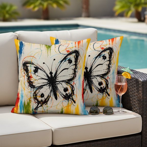 Monarch Butterfly Outdoor Throw Pillow Covers Set of 2, Black Butterfly Silhouette Color Splatters Boho Waterproof Pillow Covers Protectors with Hidden Zipper for Garden Couch Bench 16x16in
