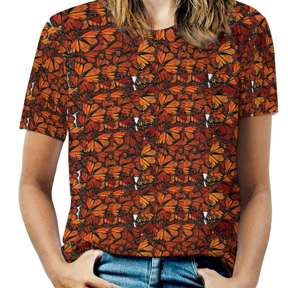 Monarch Butterfly Print Womens Tops Women's Fashion Casual Short Sleeve Flower Print Round Neck Pullover Top Blouse