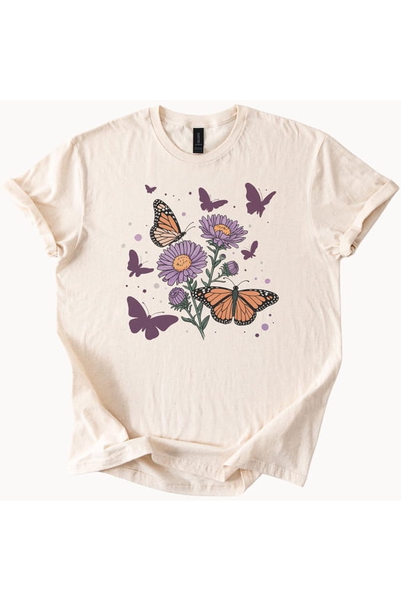 Monarch Butterfly And Purple Wildflower Graphic T Shirt With Orange And Lavender Butterfly Floral Design For Nature Garden Lovers Birthday Gifts; For Men & Women