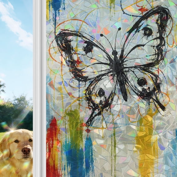 Monarch Butterfly Rainbow Window Privacy Film, Black Butterfly Silhouette Color Splatters Boho Stained Glass Window Film, Sun Blocking Static Cling Non Adhesive Door Stickers 17.7 x 39.3 Inches