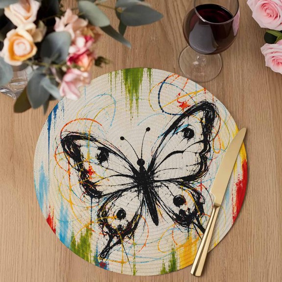 Monarch Butterfly Round Braided Placemats Set of 1, Black Butterfly Silhouette Color Splatters Boho Heat Insulation Place Mats Washable Non-Slip Table Mats for Kitchen Dining Party, 13 Inches