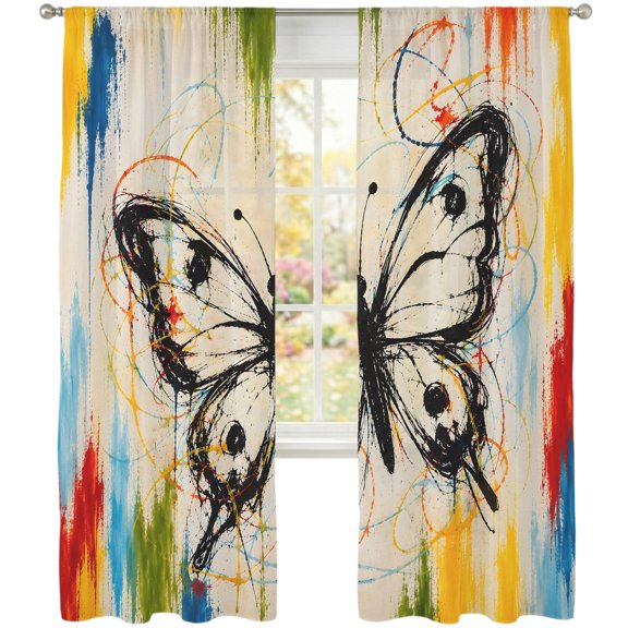 Monarch Butterfly Sheer Curtains 108 Inches Long 2 Panels, Black Butterfly Silhouette Color Splatters Boho Semi Sheer Rod Pocket Window Curtains Light Filtering Drapes for Living Room Bedroom
