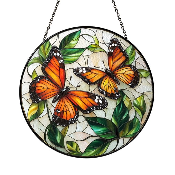 Monarch Butterfly Stained Glass Suncatcher, Round Window Panel Hanging, Bright Floral Garden Home Decor Gift for Women Men Mom Birthday