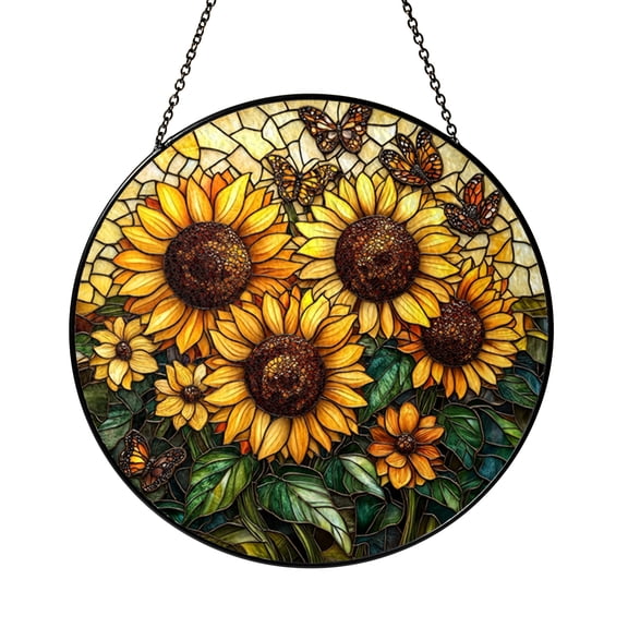 Monarch Butterfly Stained Glass Suncatcher, Window Hanging Decor Featuring Butterfly Flying Over Sunrise Garden