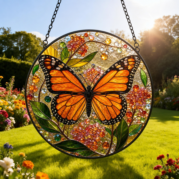 Monarch Butterfly Stained Glass Suncatcher Window Hanging Gift for Mom or Garden Lover