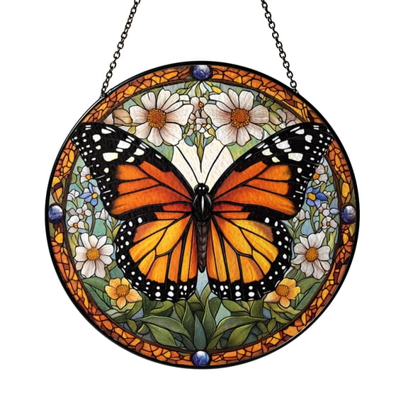 Monarch Butterfly Stained Glass Suncatcher with Detailed Wing Pattern, Round Window Hanging Decorative Art