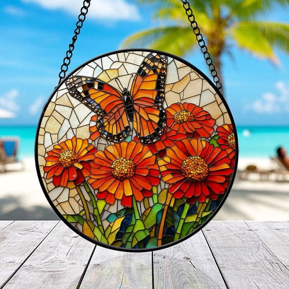 Monarch Butterfly Suncatcher, Mosaic Garden Window Art, 3.5 in