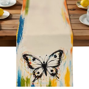 Monarch Butterfly Table Runner, Black Butterfly Silhouette Color Splatters Boho Cotton Linen Table Cloth, Tablerunner for Kitchen Dining Party Wedding Home Decor 13x36 Inch