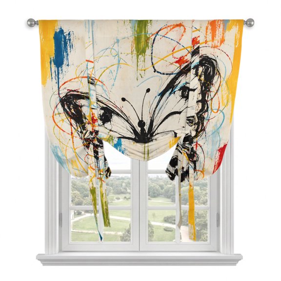 Monarch Butterfly Tie Up Balloon Window Curtain 52W x 63L Inch, Black Butterfly Silhouette Color Splatters Boho Rod Pocket Adjustable Tie Up Curtains Small Kitchen Sink Curtains for Cafe Bedroom