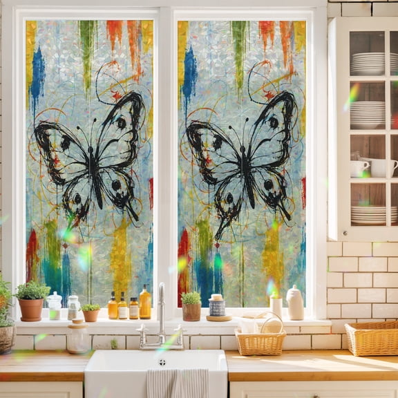 Monarch Butterfly Window Privacy Film Black Butterfly Silhouette Color Splatters Boho Static Cling Stained Glass Window Film Non-Adhesive Decorative Decals Rainbow Sticker 17.7"X39.3"