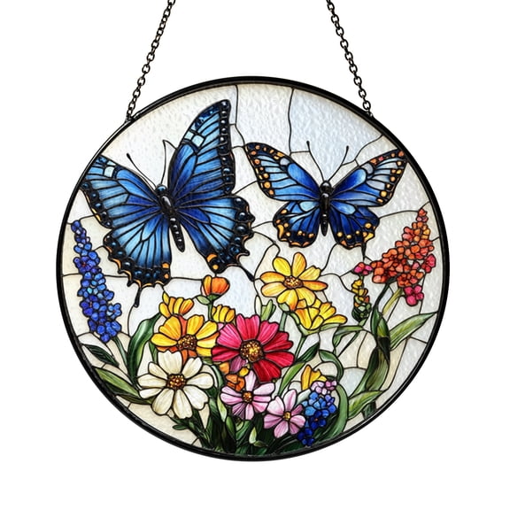 Monarch Butterfly Window Suncatcher Decor with Blue Floral Design, Artistic Stained Glass Hanging, Nature Inspired Accent